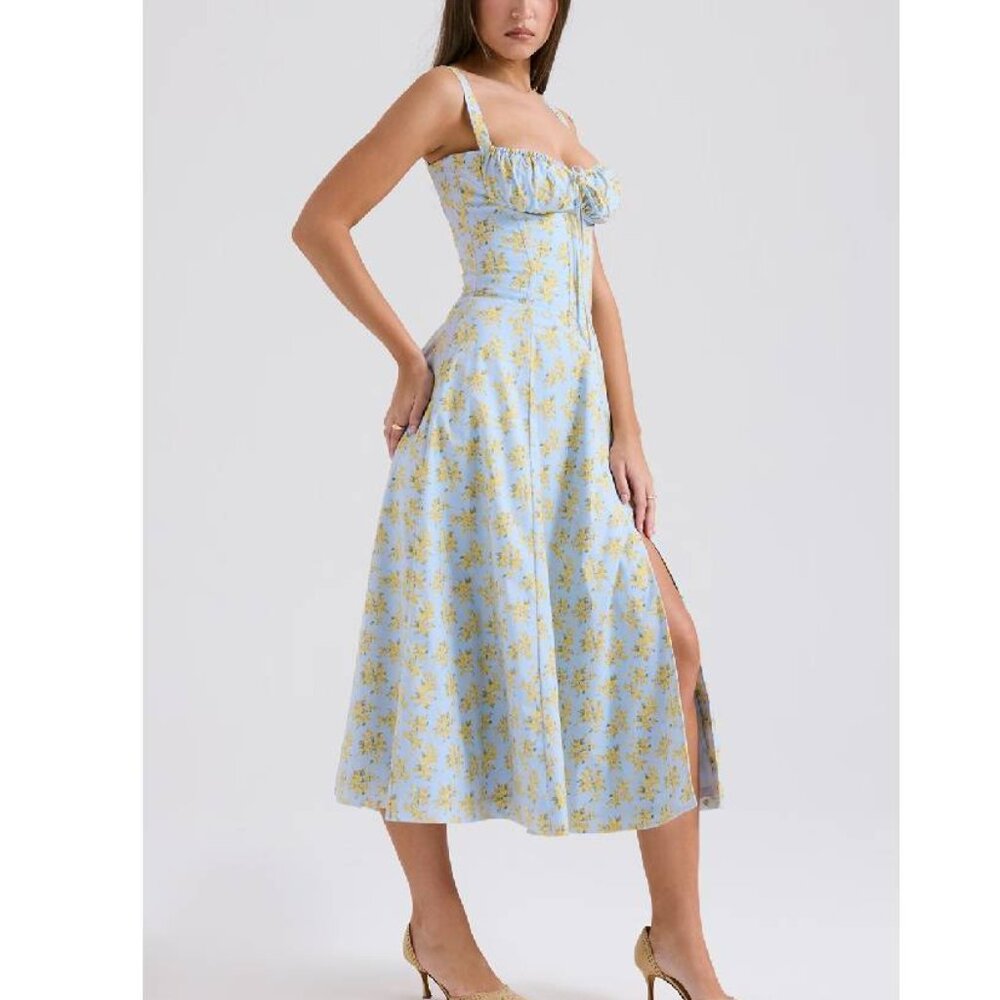NEW House of CB Carmen Soft Blue Vintage Floral Cotton Bustier Sundress L#2604* - Picture 2 of 12